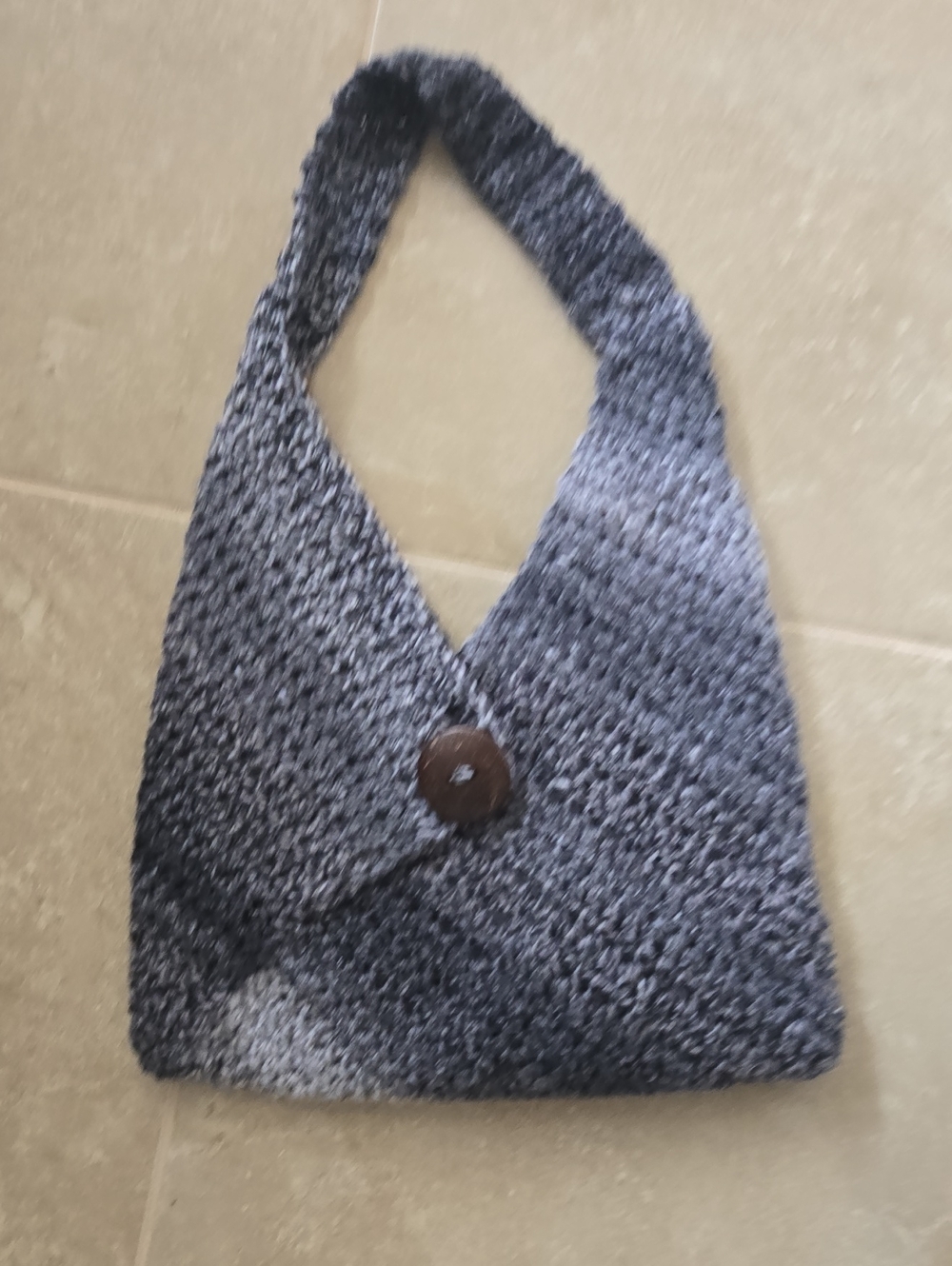 Hand-Knit Gray Women's Shoulder Bag with Wooden Button